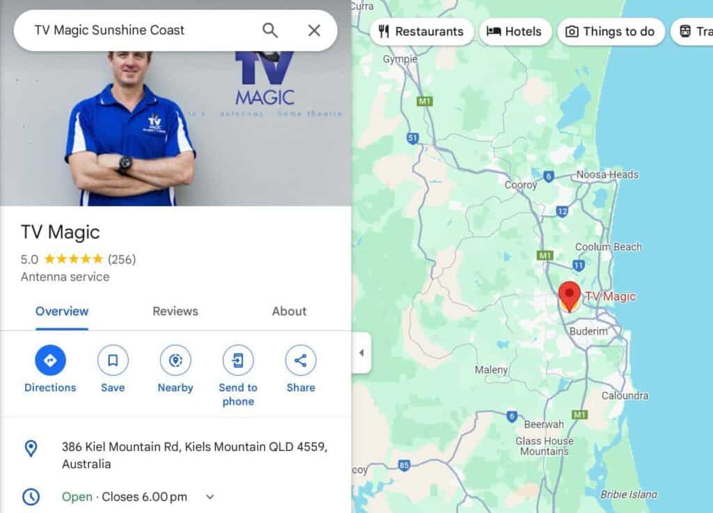 TV Magic Sunshine Coast Google listing showing a 5.0 rating from 256 reviews