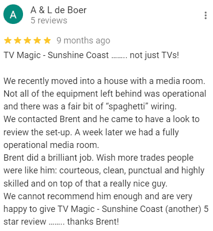 Five-star Google review for TV Magic Sunshine Coast